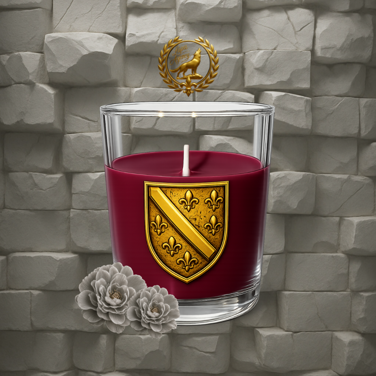 Duftkerze mit bosnischem Gold Wappen - Golden Ljiljani - Duftkerze mit historisch-bosnischen Gold Wappen - Kirsche - Candle with golden Bosnia and Herzegovina Emblem - Kerzen - Bosnien und Herzegowina - Cherry - BiH